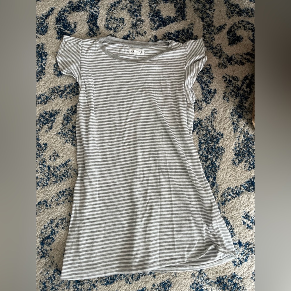 Gray and white striped shirt with flutter sleeves